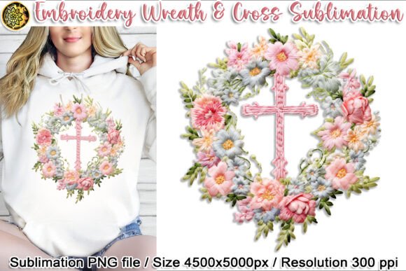 Embroidery Easter Wreath Cross Design for Print Templates & Graphics