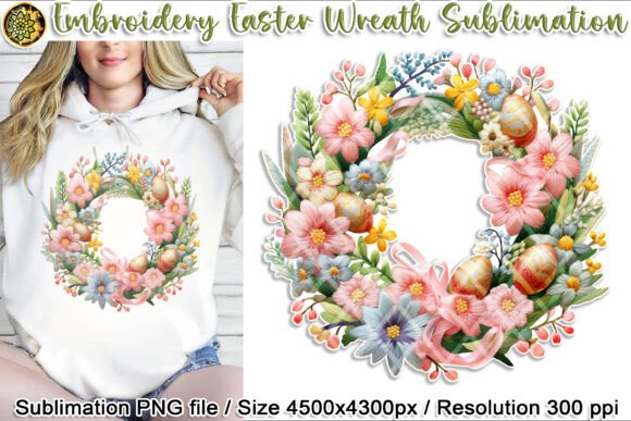 Graphics & Print Templates: Embroidery Easter Wreath Sublimation PNG