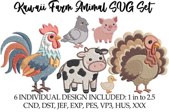Kawaii Farm Animal SVG Set for Embroidery
