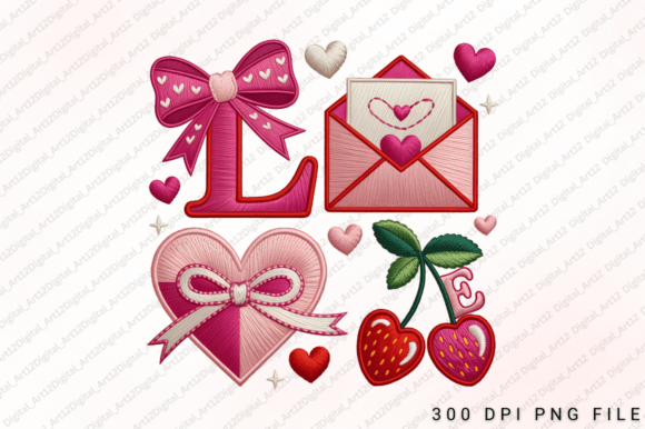 Love Embroidery Hearts Bow PNG for T-Shirt Designs & Graphics